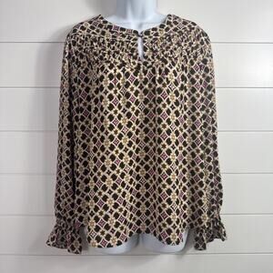 Women's LOFT Blouse Shirt Flowy Lightweight Long Sleeve Brown Pattern sz L